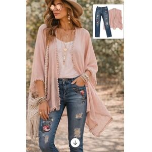 YMI Floral Embroidered Skinny Jeans & Steve Madden Lace Trim Kimono Set Pink 11